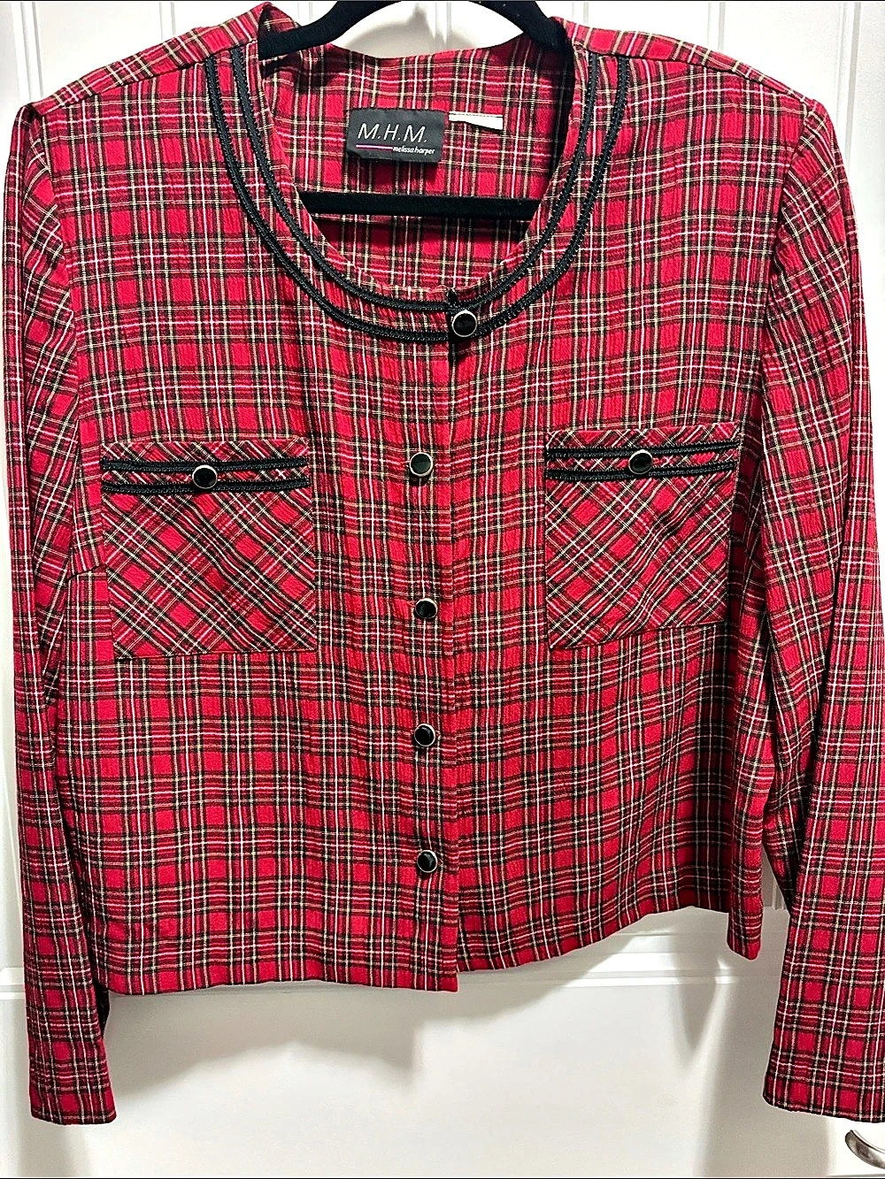 M.H.M. Melissa Harper Red Tartan Plaid Collarless Jacket Gold Buttons
